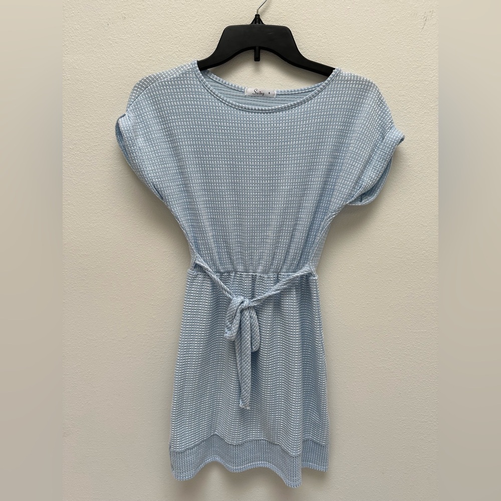 Sky Blue casual mini dress tie stretchy waist